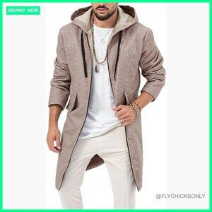 Wool Blend Trench Coat with Hood and Full Zip for Winter Business Wear